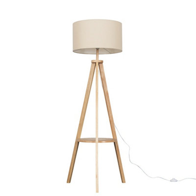 ValueLights Light Wood Tripod Design Floor Lamp With Storage Shelf And Beige Drum Shade