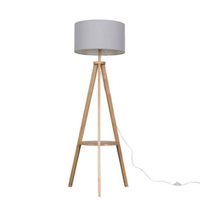 ValueLights Light Wood Tripod Design Floor Lamp With Storage Shelf And Grey Drum Shade