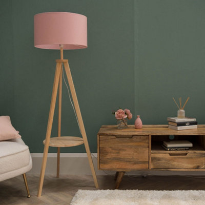 ValueLights Light Wood Tripod Design Floor Lamp With Storage Shelf And Pink Drum Shade