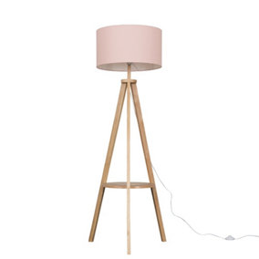 ValueLights Light Wood Tripod Design Floor Lamp With Storage Shelf And Pink Drum Shade