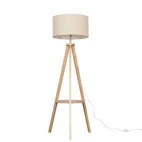 ValueLights Light Wood Tripod Design Floor Lamp with Storage Shelf & Beige Drum Shade - Includes 6w LED Bulb 3000K Warm White