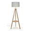 ValueLights Light Wood Tripod Design Floor Lamp with Storage Shelf & Grey Drum Shade - Includes 6w LED Bulb 3000K Warm White