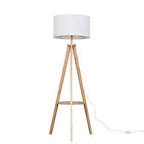 ValueLights Light Wood Tripod Design Floor Lamp with Storage Shelf & White Drum Shade - Includes 6w LED Bulb 3000K Warm White