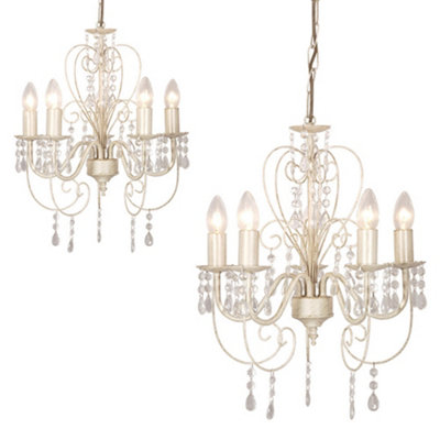 ValueLights Lille Pair of Distressed Shabby Chic 5 Way White Pendant Ceiling Lights Chandeliers