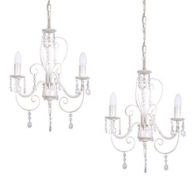 ValueLights Lille Pair of Three-Way Chandelier Ceiling Lights In Distressed White Cream Finish