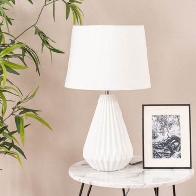 ValueLights Linea White Ceramic Light Up Base Bedside Table Lamp with a Fabric Lampshade - Bulb Included