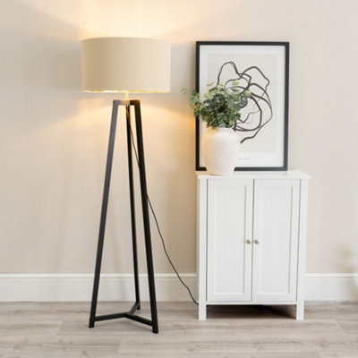 ValueLights Lottie Black Wood Tripod Floor Lamp with Beige/Gold Drum Shade - LED Bulb Included