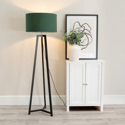 ValueLights Lottie Black Wood Tripod Floor Lamp with Forest Green Drum Shade - LED Bulb Included