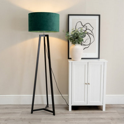 ValueLights Lottie Black Wood Tripod Floor Lamp with Forest Green Velvet Drum Shade - LED Bulb Included