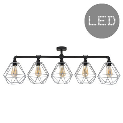 ValueLights Luiggi 5 Way Satin Black Pipework Bar Ceiling Light with Grey Basket Cage Shades and LED Bulbs In Warm White