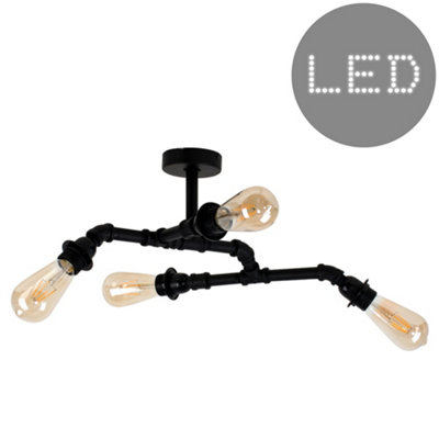 ValueLights Luiggi Industrial 4 Way Satin Black Angular Pipework Ceiling Light - LED Filament Bulbs In Warm White