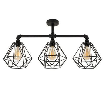ValueLights Luiggi Industrial Satin Black 3 Way Bar Pipework Ceiling Light with Black Metal Shades