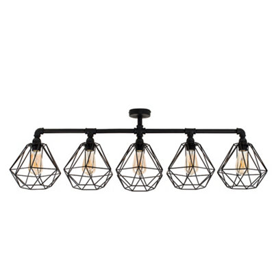 ValueLights Luiggi Style 5 Way Satin Black Pipework Bar Ceiling Light with Black Basket Cage Shades and LED Bulbs In Warm White