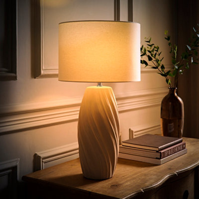 ValueLights Lydia Natural Linen Drum Lamp Shade Tall Swirl Natural Table Lamp with LED Bulb