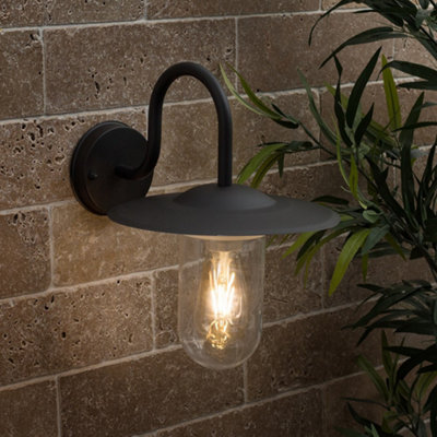 ValueLights Lynton IP44 Rated Black Metal Swan Neck Outdoor Lantern Wall Light with Clear Glass Shade