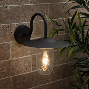 ValueLights Lynton IP44 Rated Black Metal Swan Neck Outdoor Lantern Wall Light with Clear Glass Shade
