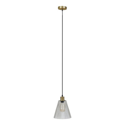 ValueLights MacArthur Modern Satin Gold Suspended Ceiling Pendant Light Fitting with Ribbed Clear Glass Shade