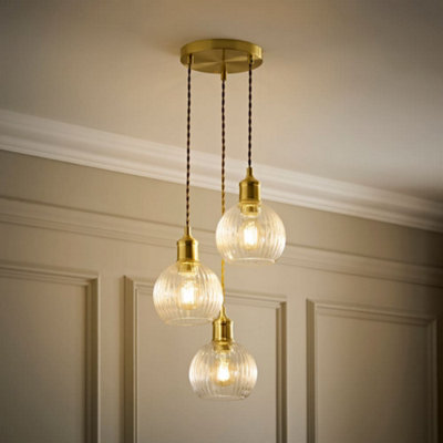 ValueLights Maddison Clear Rib Glass 3 Way Gold Ceiling Light with ...