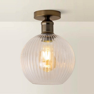 ValueLights Maddison Clear Rib Glass Brushed Brass Flush Ceiling Light ...