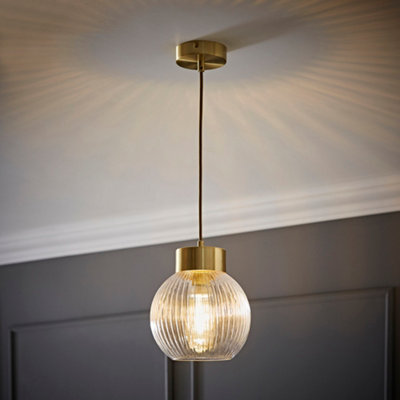 ValueLights Maddison Ribbed Glass Shade Brushed Gold Capped Ceiling Pendant Light and Bulb