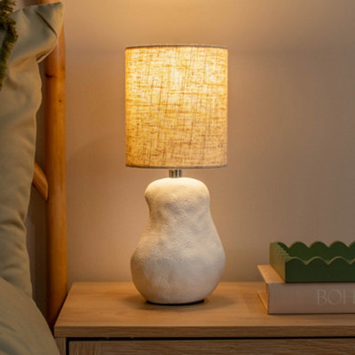 ValueLights Mae Natural Linen Shade White Abstract Sandblast Ceramic Table Lamp and LED Bulb