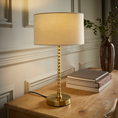 ValueLights Maeve Natural Fabric Drum Lamp Shade Brushed Gold Bobbin Bobble Table Lamp