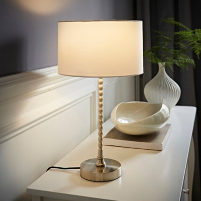 ValueLights Maeve White Fabric Drum Lamp Shade Brushed Chrome Bobbin Bobble Table Lamp