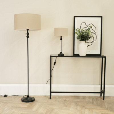 ValueLights Maggie Black Metal Candlestick Floor Lamp with Natural Fabric Lamp Shade and LED Bulb