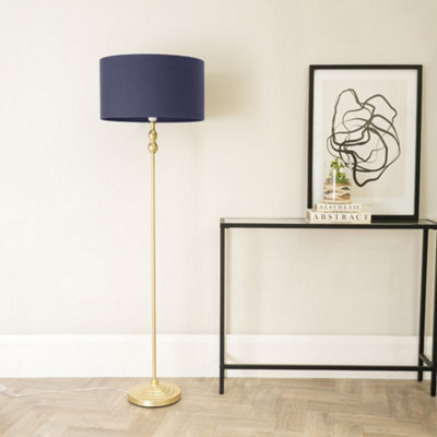 ValueLights Henry Wooden Oak Effect Midi Floor Lamp With Navy Blue Cylinder Shade