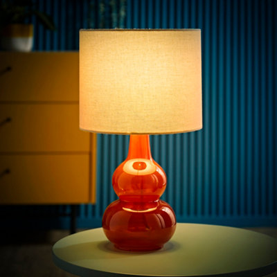 ValueLights Maguire Burnt Orange Bubble Glass Table Lamp with Natural Linen Shade and Bulb