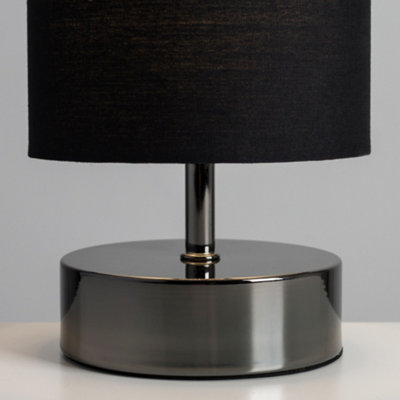 ValueLights Malin Modern Black Chrome Touch Dimmer Bedside Table Lamp with Polycotton Black Light Shade