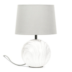 ValueLights Marble Effect Ceramic Table Lamp with a Grey Fabric Shade Bedroom Bedside Light - Bulb Included