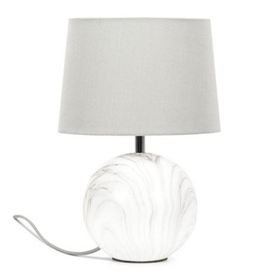 ValueLights Marble Effect Ceramic Table Lamp with a Grey Fabric Shade Bedroom Bedside Light