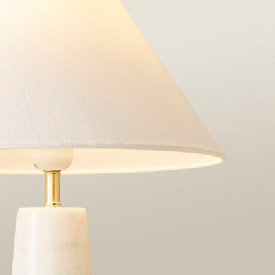 ValueLights Margot White Marble Bedside Table Lamp with a Linen Tapered Lampshade