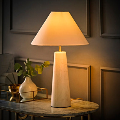 ValueLights Margot White Marble Bedside Table Lamp with a Linen Tapered Lampshade