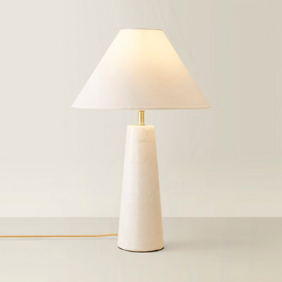 ValueLights Margot White Marble Bedside Table Lamp with a Linen Tapered Lampshade