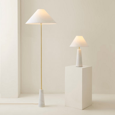 ValueLights Margot White Marble Bedside Table Lamp with a Linen Tapered Lampshade