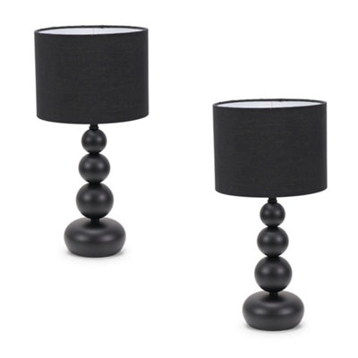 ValueLights Marissa Pair - Matt Black Stacked Ball Bedside Light Table Lamp with Drum Shade - LED Bulbs Included