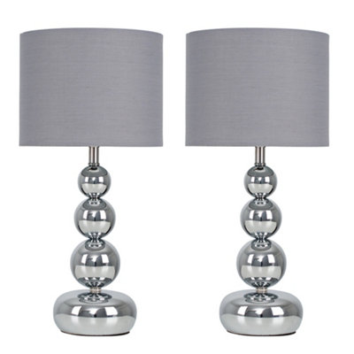 ValueLights Marissa Pair of Chrome Stacked Balls Table Lamps with Grey Faux Silk Shades