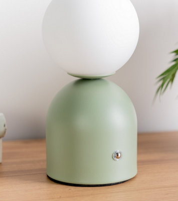 ValueLights Marlow Rechargeable Touch Button Table Lamp with Opal Globe Lampshade Sage Green