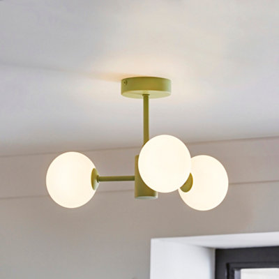 ValueLights Marlow Sage Green 3 Way Ceiling Light with White Frosted Glass Globe Lampshades