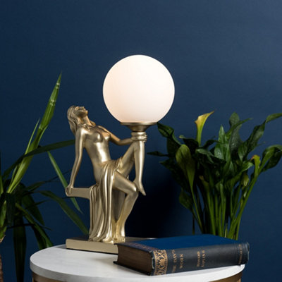 ValueLights Matilda Matt Gold Art Deco Table Lamp with White Opal Glass Globe Shade