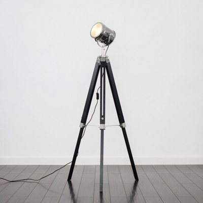 ValueLights Matt Black And Chrome Industrial Studio Style Adjustable Spotlight Tripod Floor Lamp
