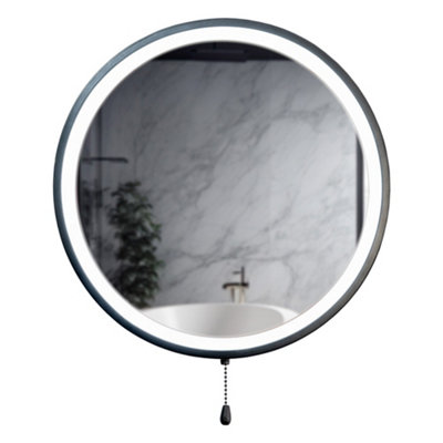 ValueLights Matt Black Bathroom Mirror Round Battery Operated with Pull Switch