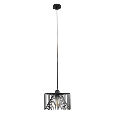 ValueLights Matt Black Ceiling Rose And Flex Lampholder Fitting With Black Wire Cylinder Shade