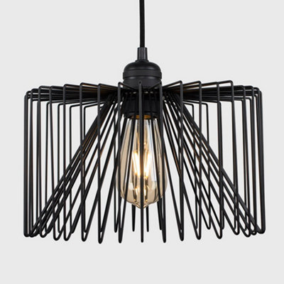 ValueLights Matt Black Ceiling Rose And Flex Lampholder Fitting With Black Wire Cylinder Shade