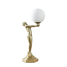 ValueLights Matt Gold Art Deco Female Holding Light Table Lamp With White Opal Glass Globe Shade