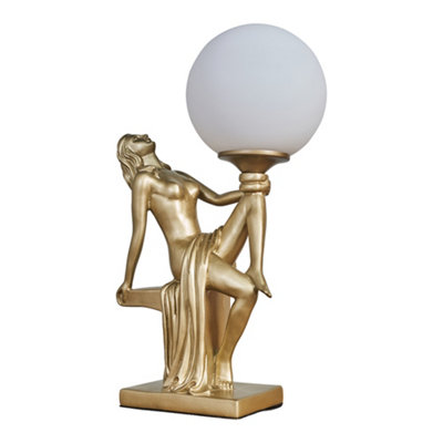 ValueLights Matt Gold Art Deco Table Lamp With White Opal Glass Globe Shade