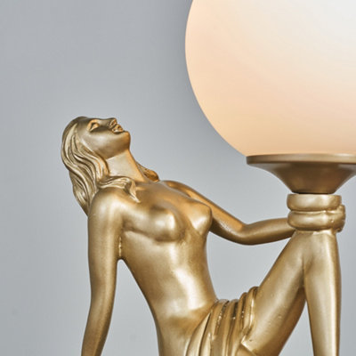 ValueLights Matt Gold Art Deco Table Lamp With White Opal Glass Globe Shade