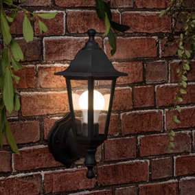 ValueLights Mayfair Pair of - Black Outdoor Security IP44 Rated Wall Light Lanterns - Complete with 6w LED GLS Bulbs In Warm White